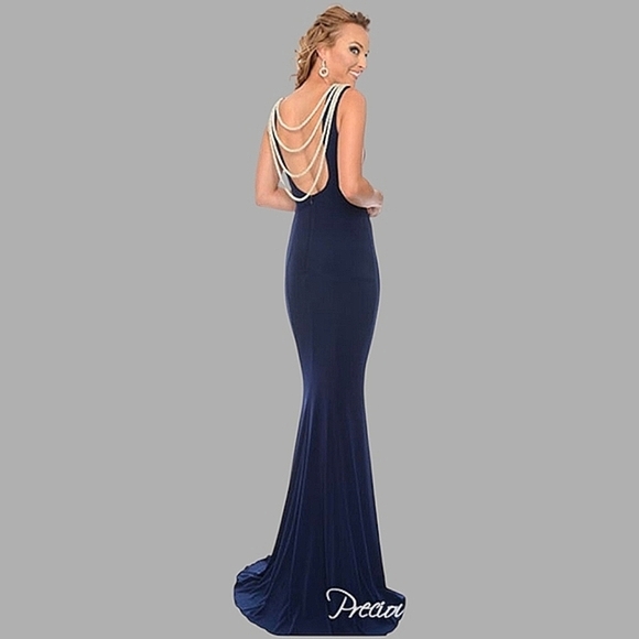 Precious Formals Lux Gal Navy Evening Gown Tiered Rhinestone Cord Neckline S - Picture 5 of 17